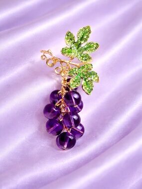 Purple  Grape Bead Cluster Crystal Leaves Brooch